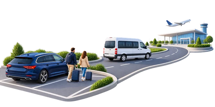 Auto zůstává na samostatném parkovišti vlevo. Svozový minibus jede po cestě k vzdálenému letišti vpravo.